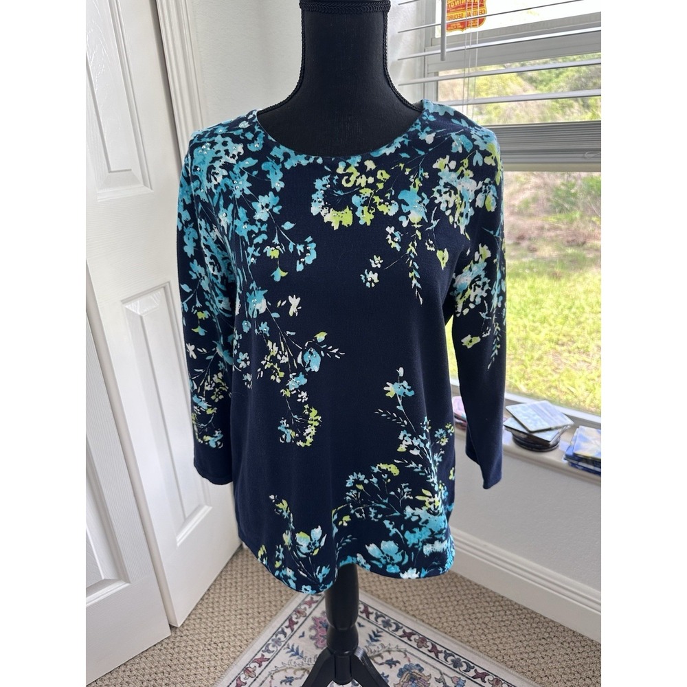 Alfred Dunner Top Womens S Navy Green Turquoise Beaded Floral 3/4 Sleeve Blouse